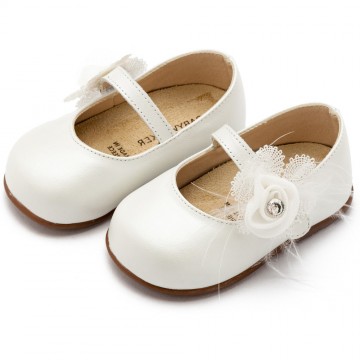 BabyWalker Βαπτιστικά παπούτσια Δερμάτινο γοβάκι με λουλούδι Εκρού PRI.2640